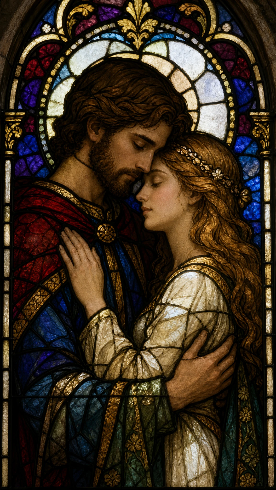 Casal íntimo em vitral dentro da catedral