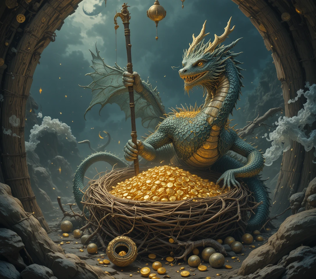 Dragon marin majestueux dressant sa crête avec son or amassé
