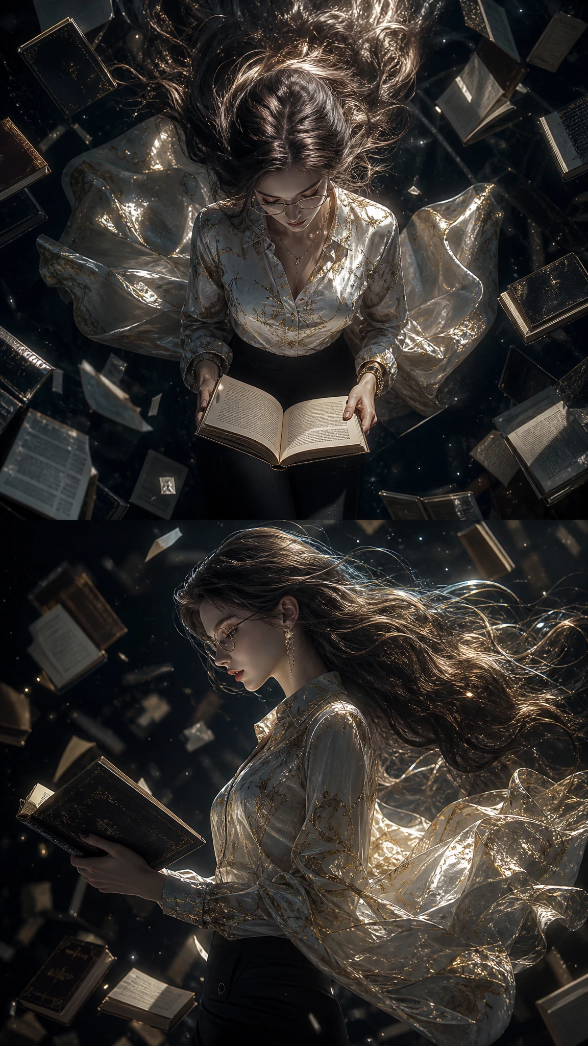 幻想的な暗い図書館で本を読むエーテルのような女性