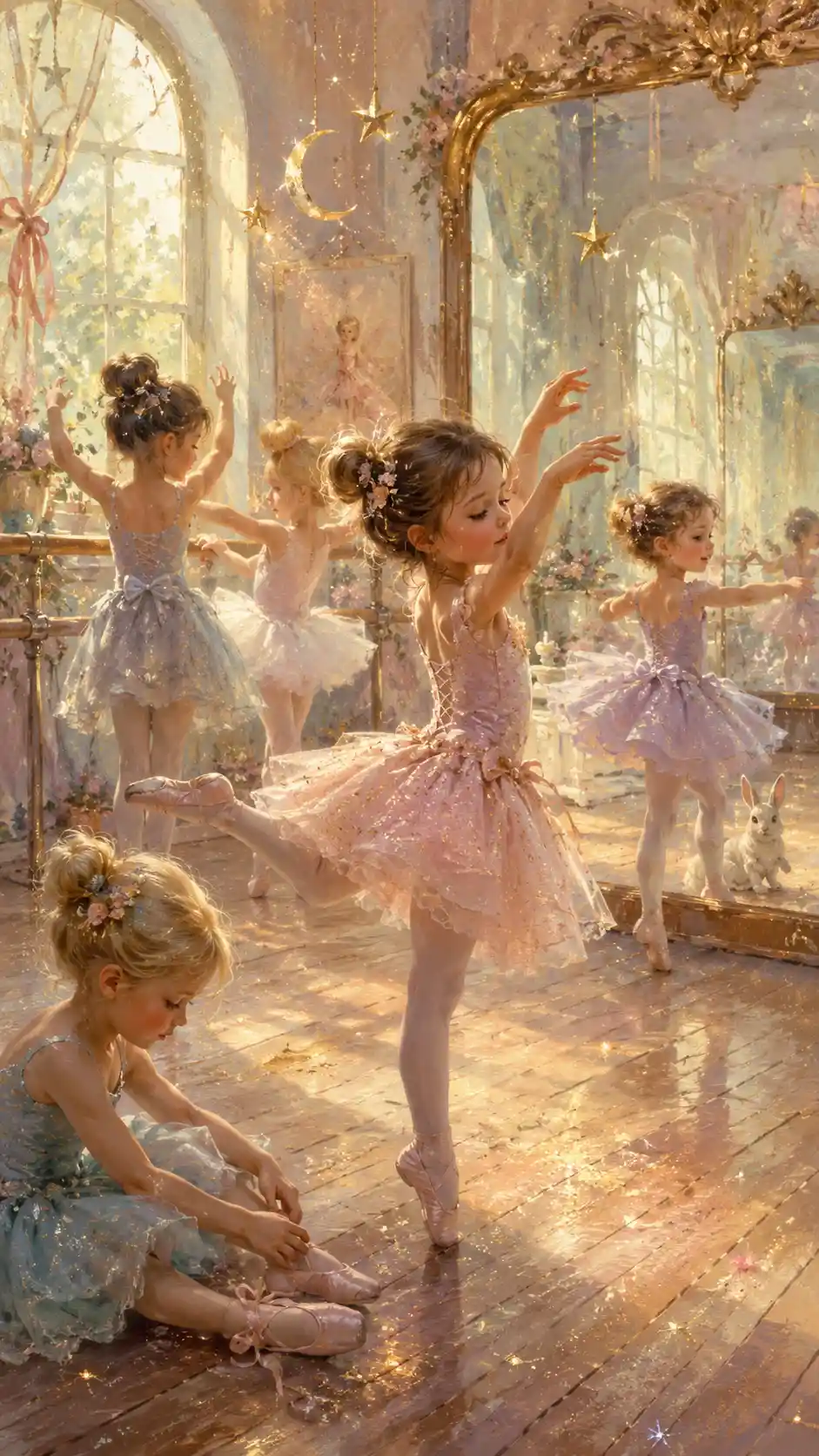 Young children practicing ballet in a bright dance studio