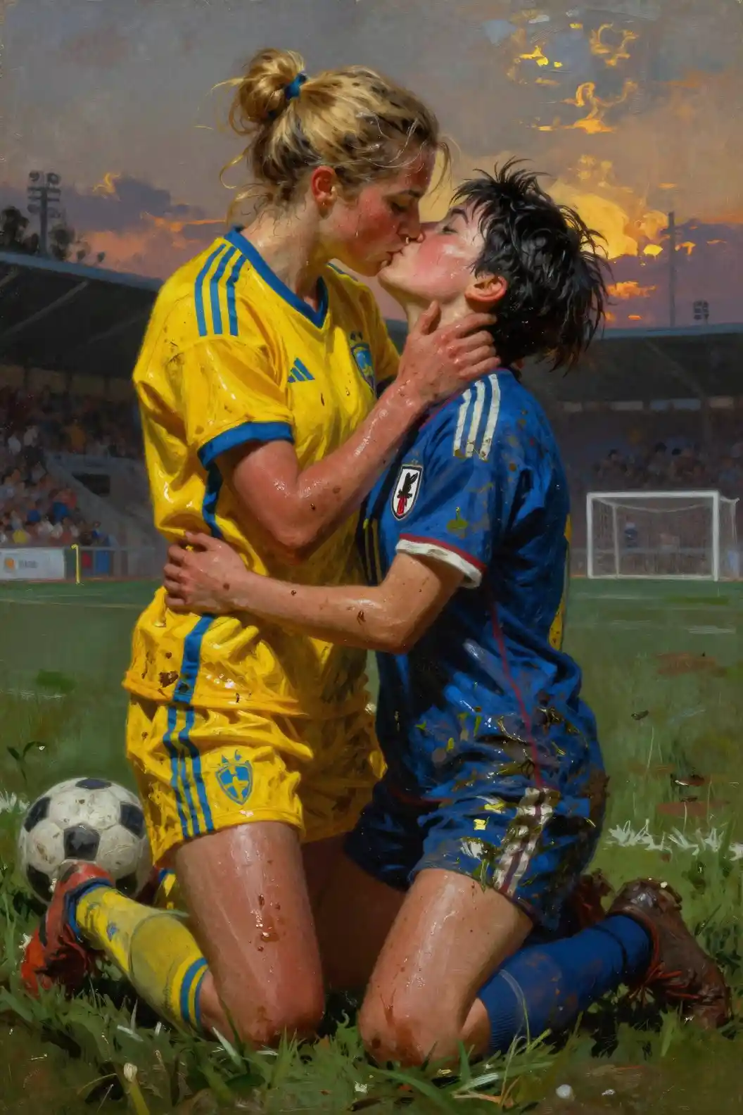 Drammatico dipinto a olio di due donne che si abbracciano su un campo da calcio