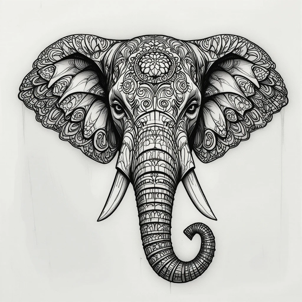 Cabeça de elefante estilizada em mandala com padrões simétricos intrincados