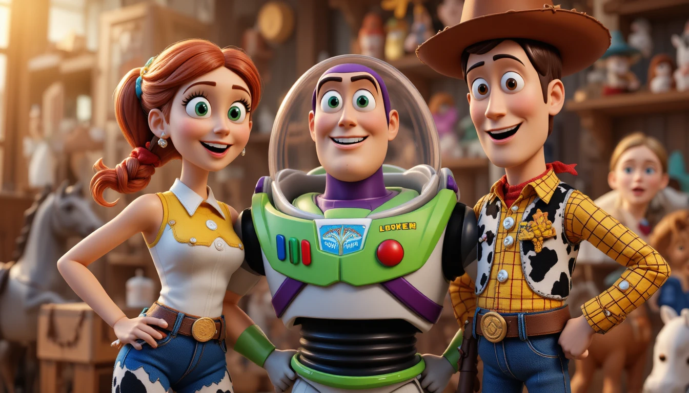 Fröhliches 3D‑Trio aus Cowboy, Cowgirl und Space Ranger