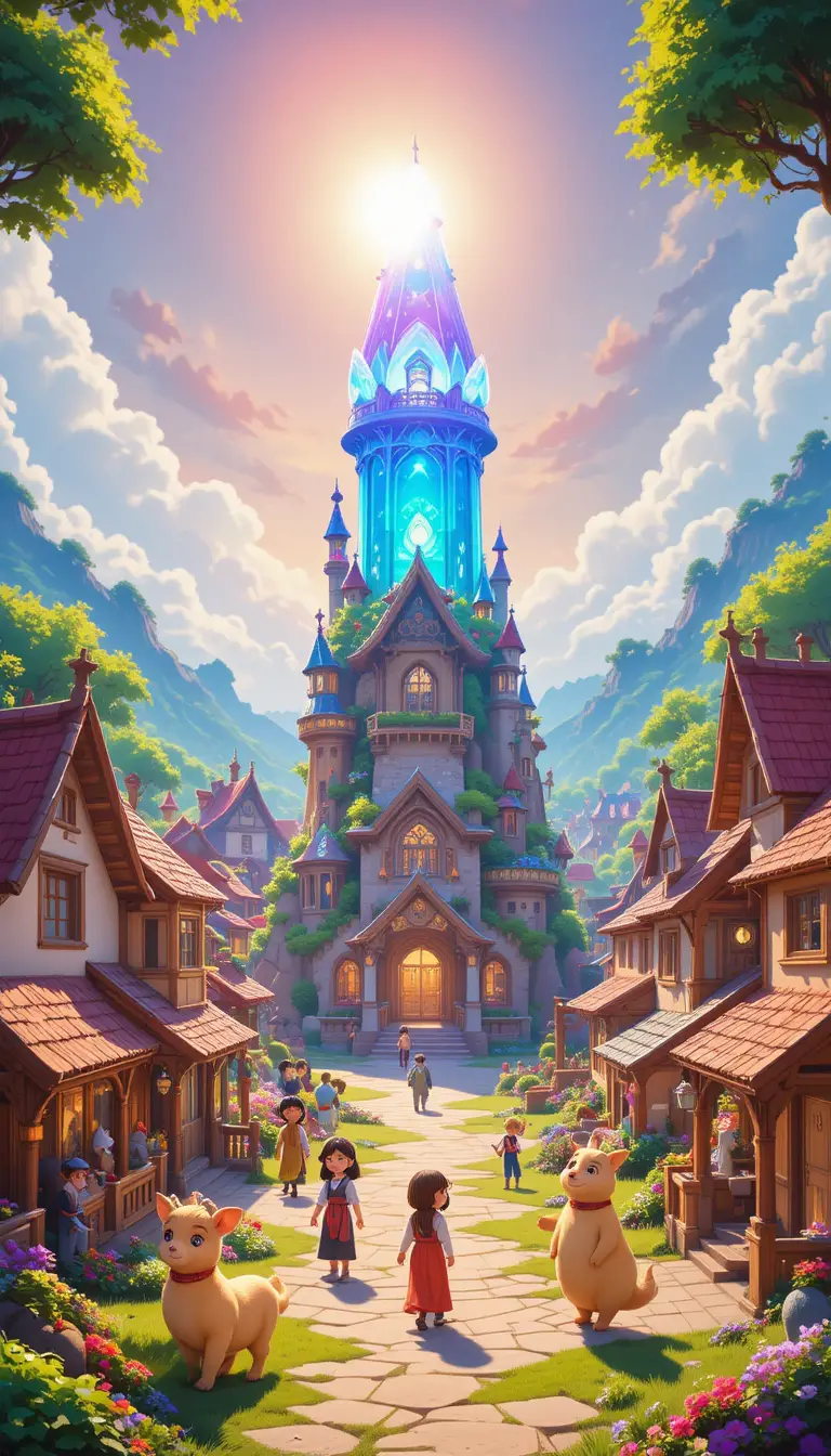 Bunte Fantasiestadt mit leuchtendem Kristallturm und Sonnenschein