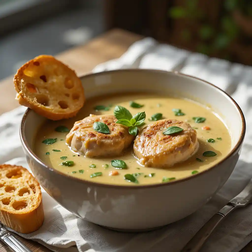 Creamy chicken soup bowl on a light fabric table