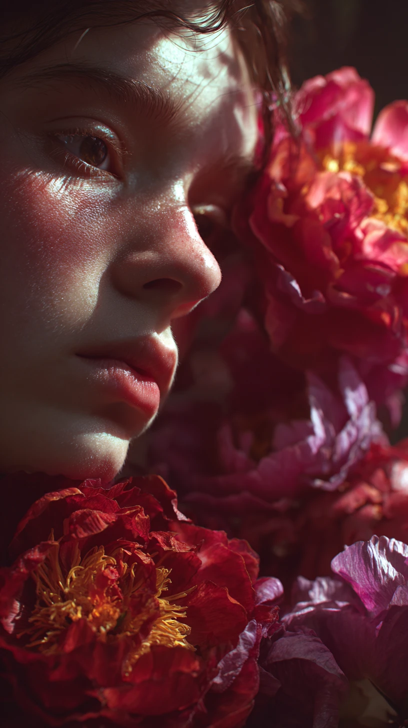 Jovem garota emoldurada por flores vivas com aparência fractal