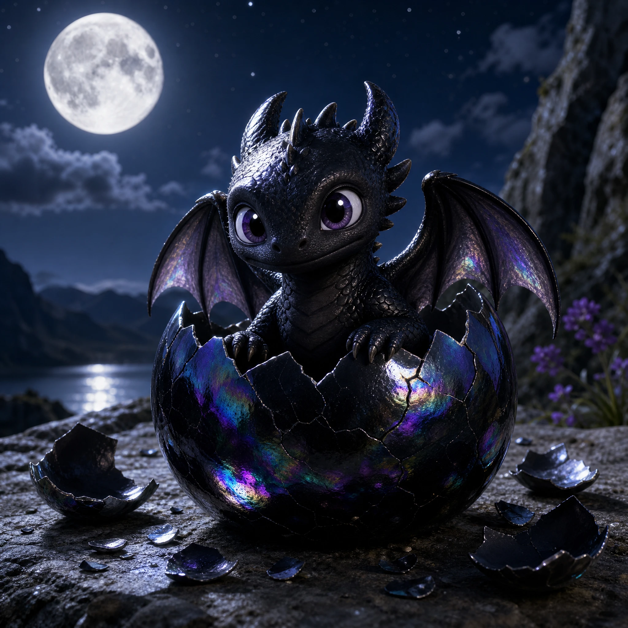 Petit dragon éclosant d’un œuf brillant au clair de lune
