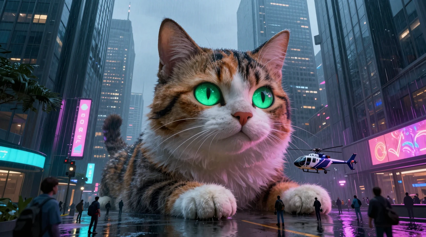 Giant calico cat towering over a neon rainy megacity