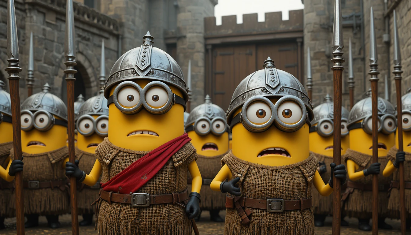 Soldados minions medievais reunidos no pátio de um castelo