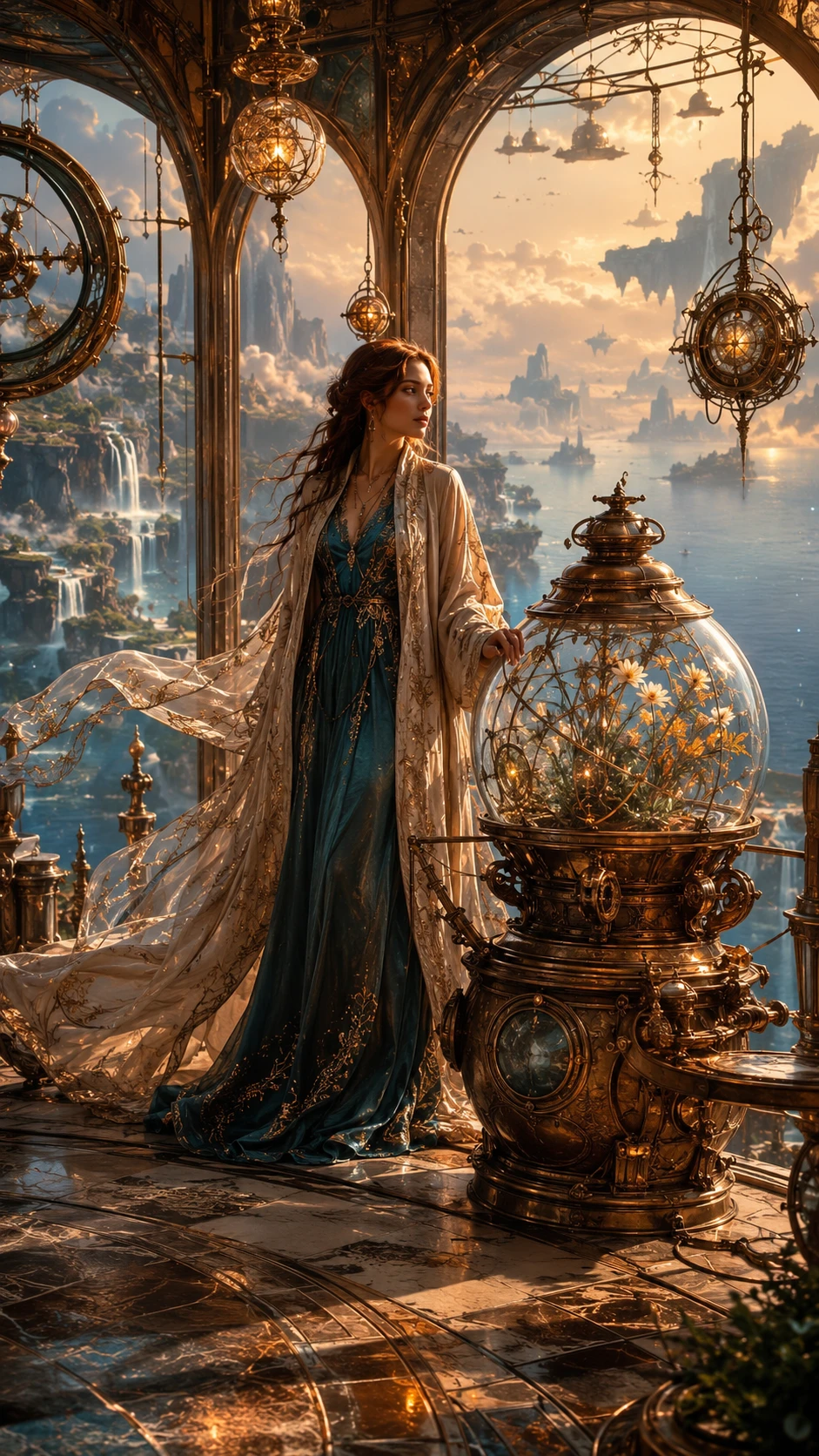Woman on a floating coastal observatory at sunset