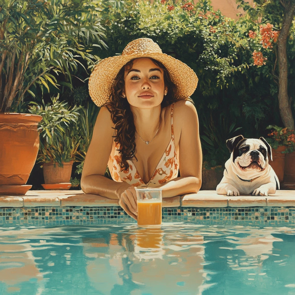 Lächelnde blonde Frau, die in einem sonnigen Gartenpool entspannt