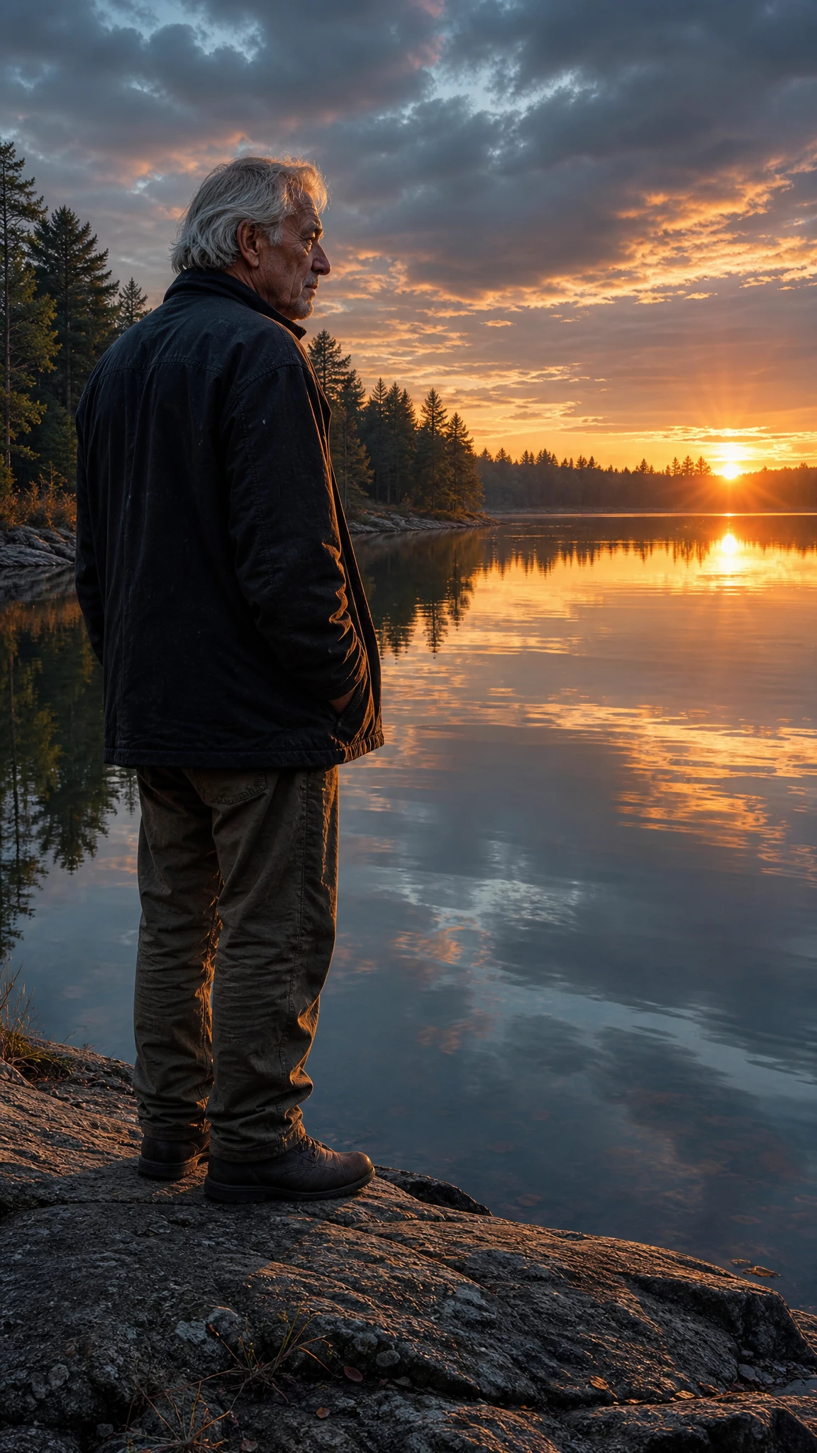Vieil homme au coucher du soleil au bord d’un lac calme et reflétant