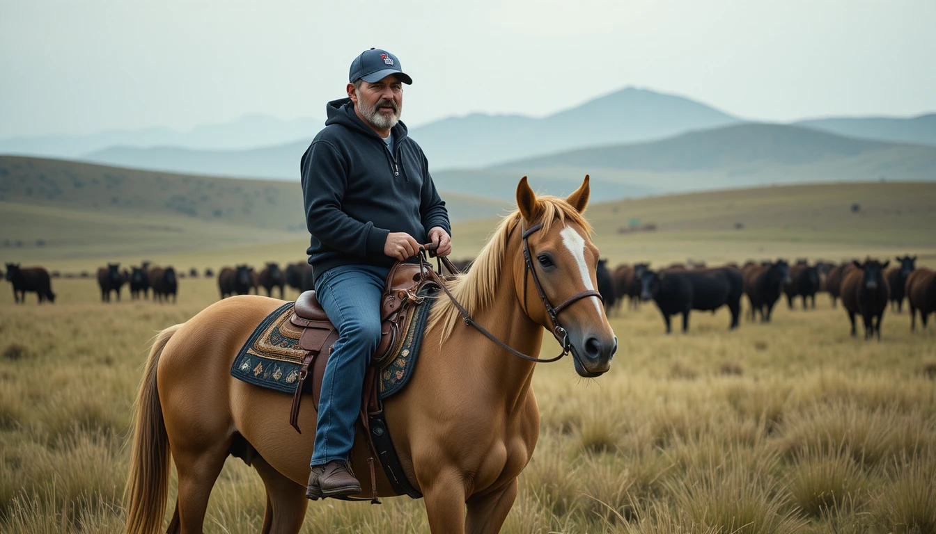 Cowboy cavalgando um cavalo castanho-claro por vastas pastagens abertas