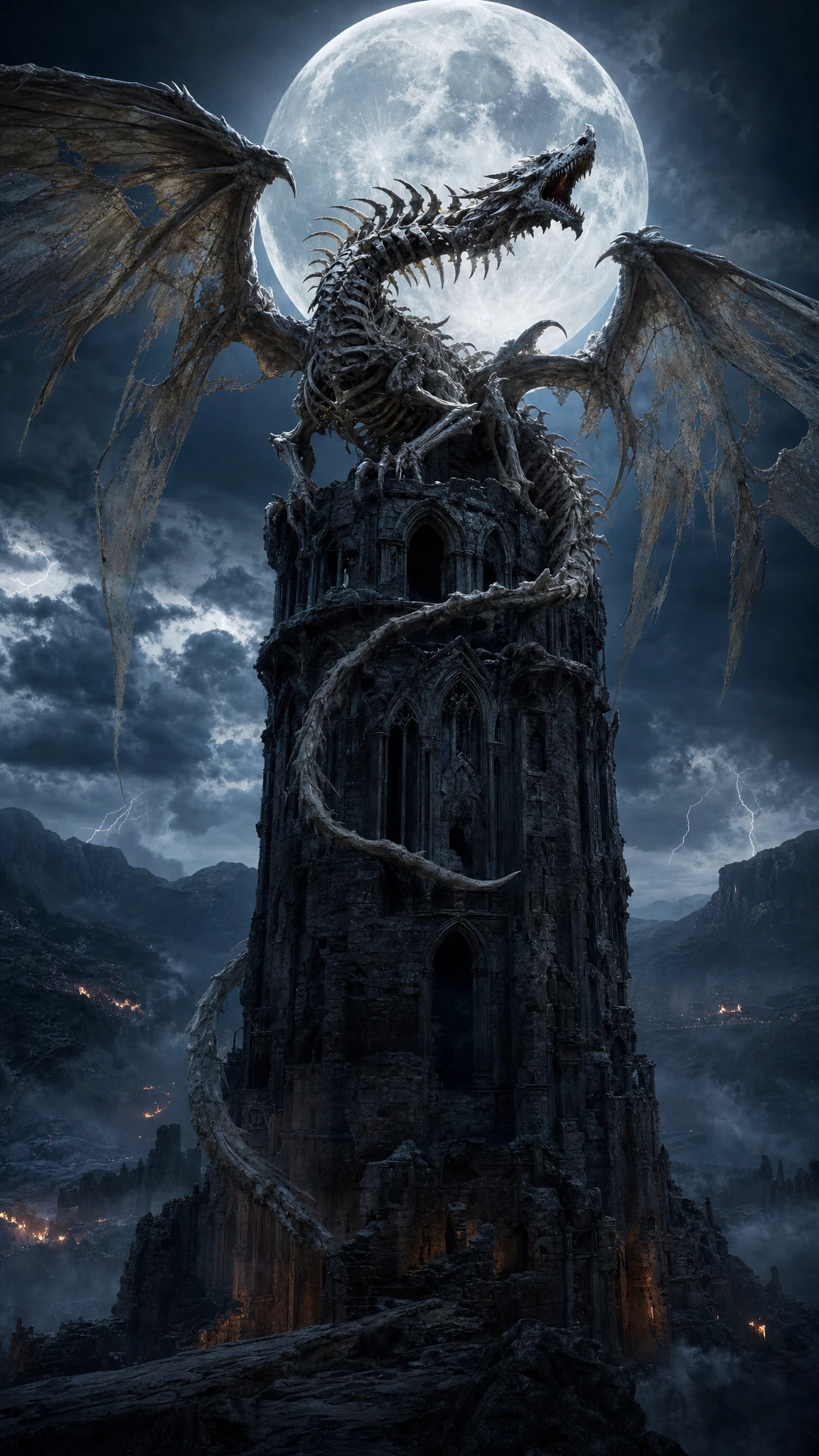 Dragão esquelético sobre uma torre gótica em ruínas à noite