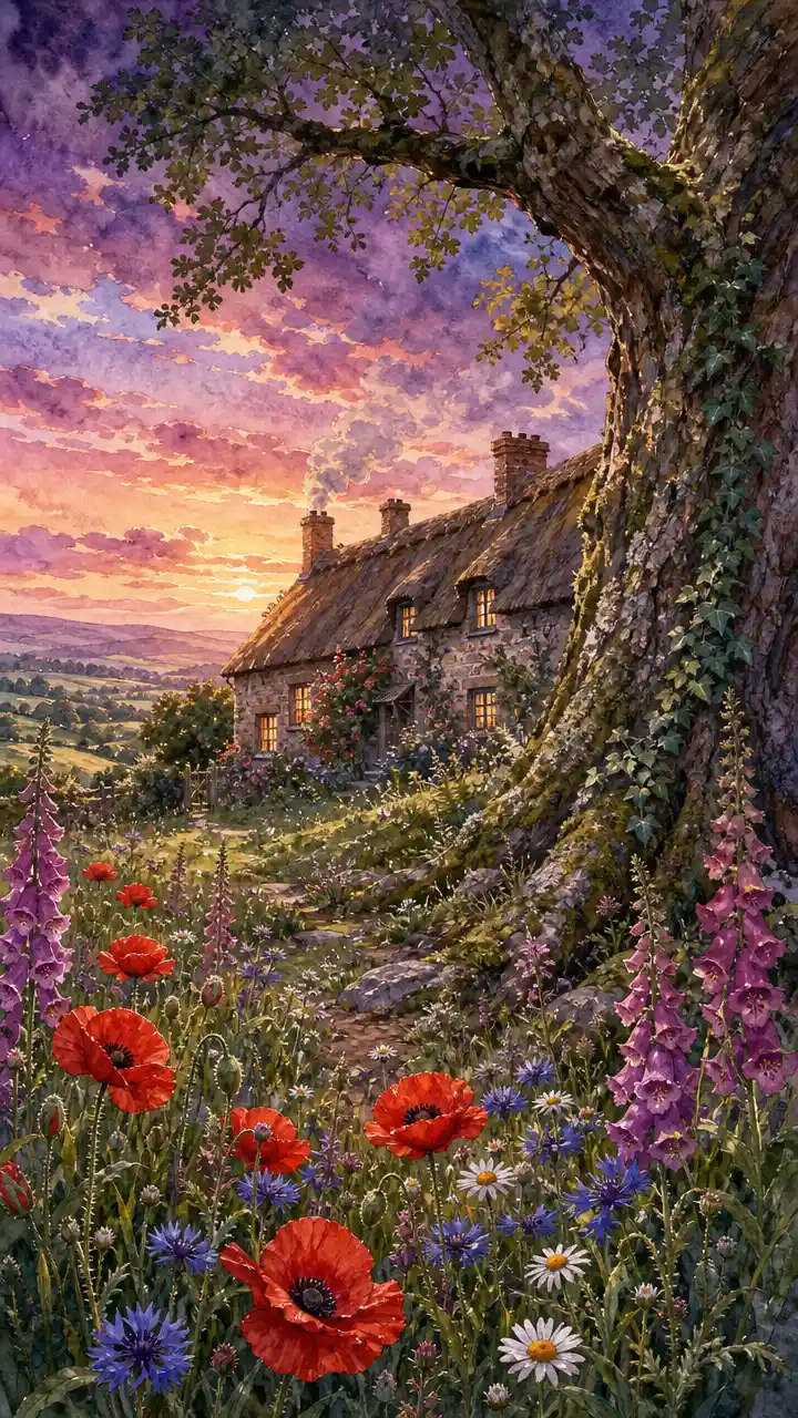 Twilight watercolor cottage in an English wildflower meadow