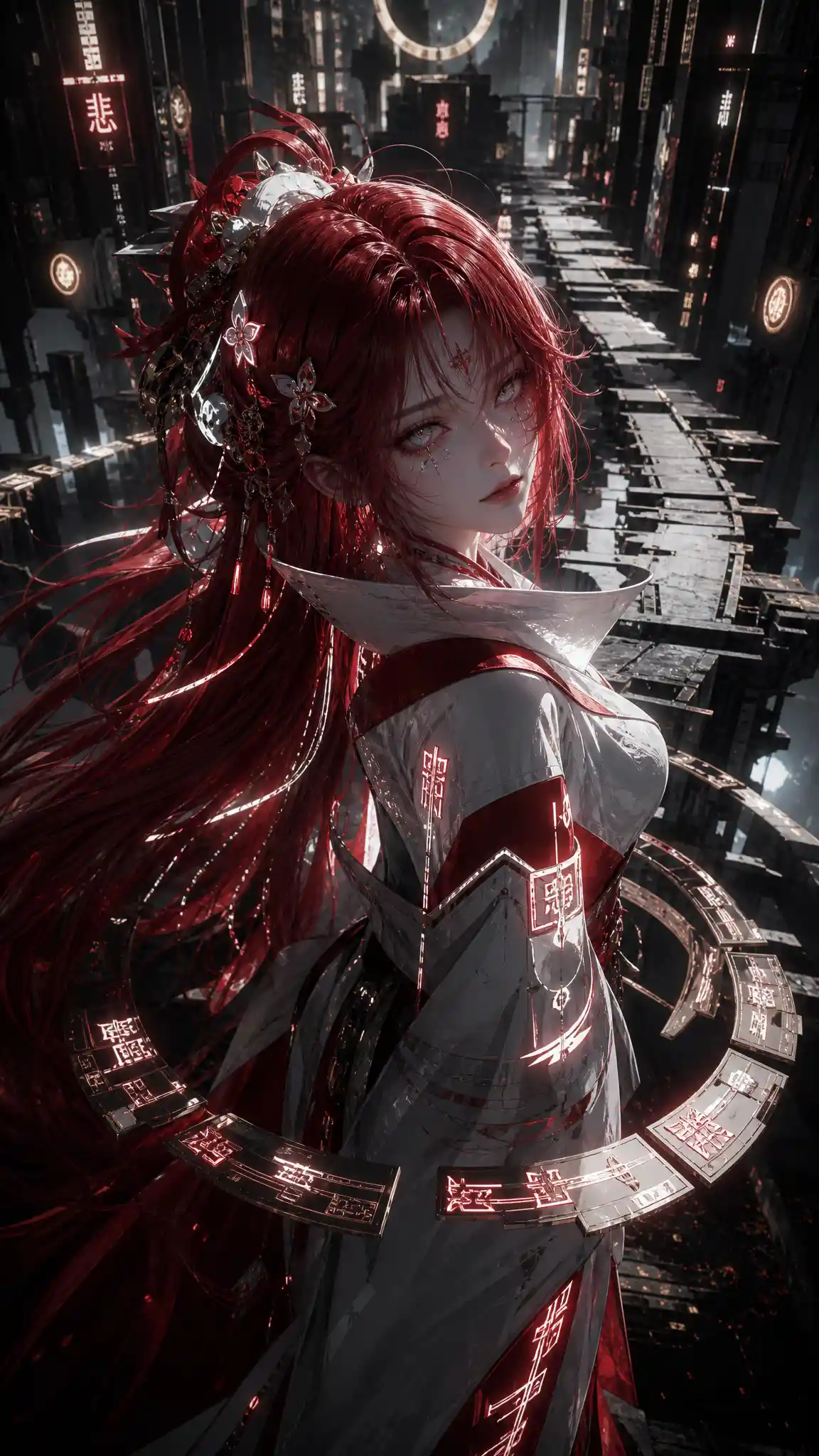 Cyberpunk anime woman on glowing futuristic path