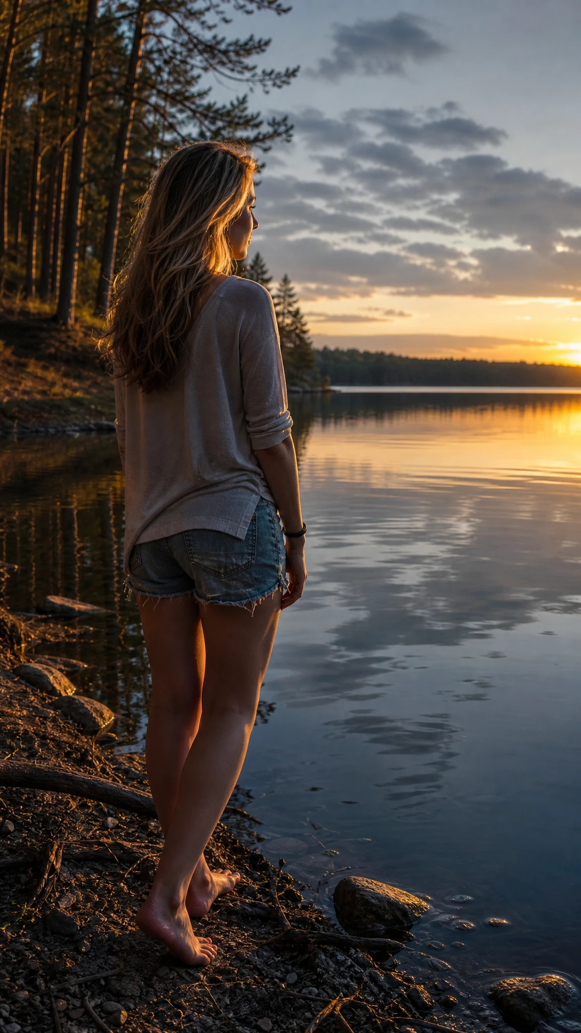 夕暮れの逆光に照らされた湖畔の若い女性