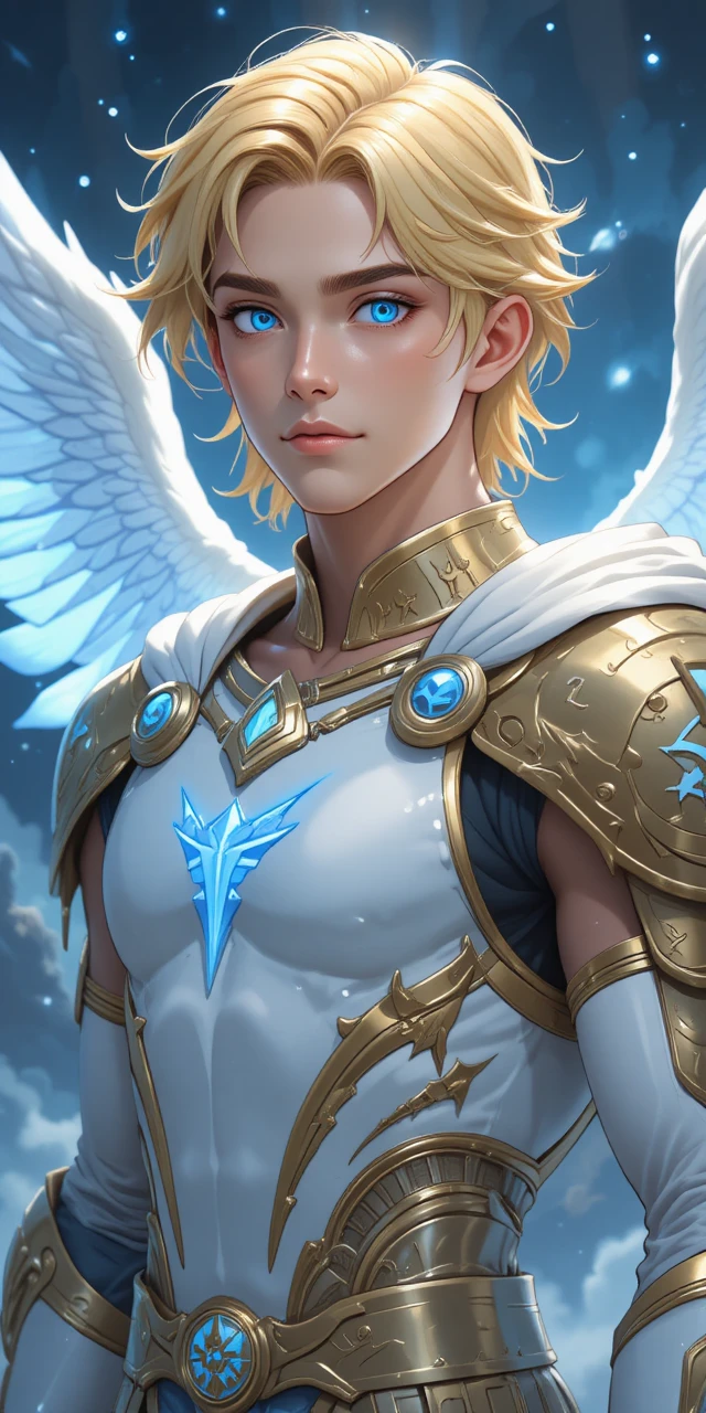 Guerrier angélique avec runes dorées et ailes blanches