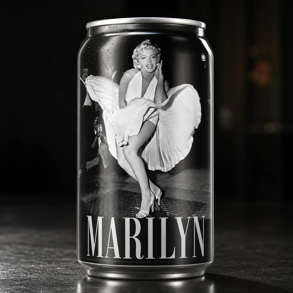 Gros plan d’une canette de soda avec portrait de Marilyn Monroe en studio