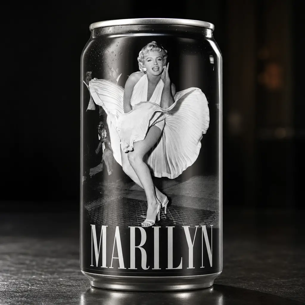 Primo piano di lattina di soda con stampa di Marilyn Monroe in studio