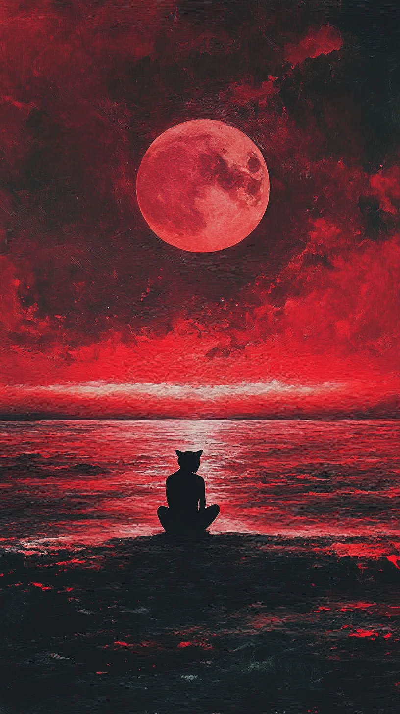 Panthère noire au bord d’un vaste océan sous un ciel rouge