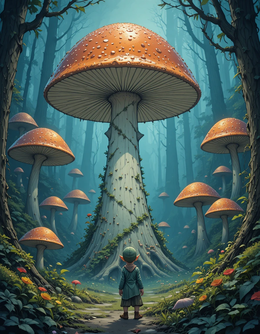 Pequeno elfo olhando para um cogumelo gigante na floresta