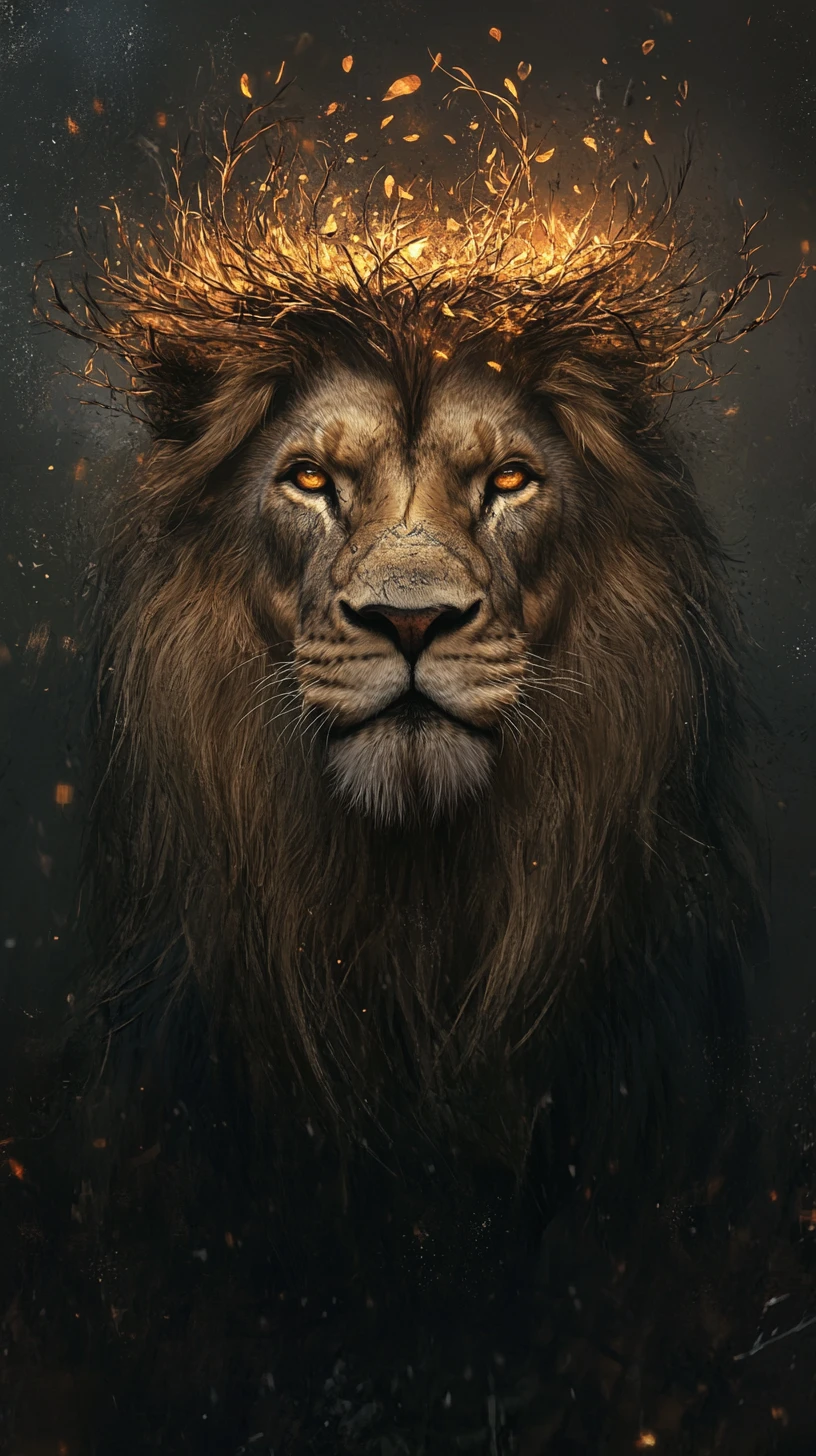 Retrato de leão majestosamente real com juba orgânica em forma de halo