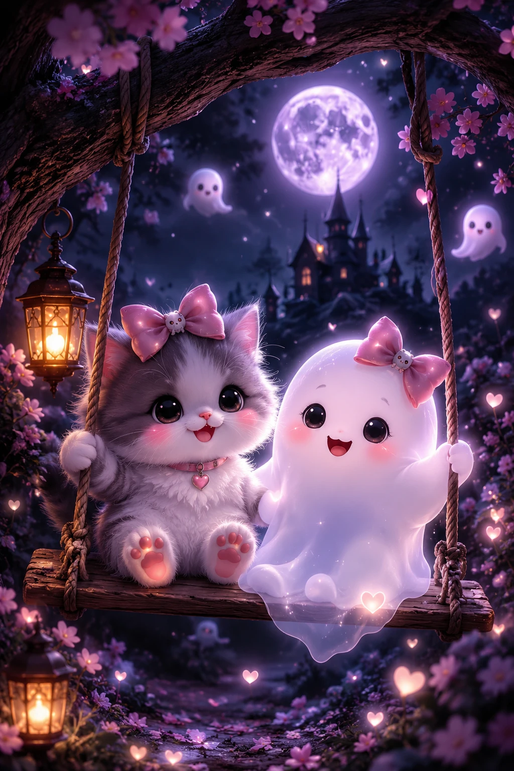 Chat kawaii et amis fantômes partageant une balançoire dans un arbre