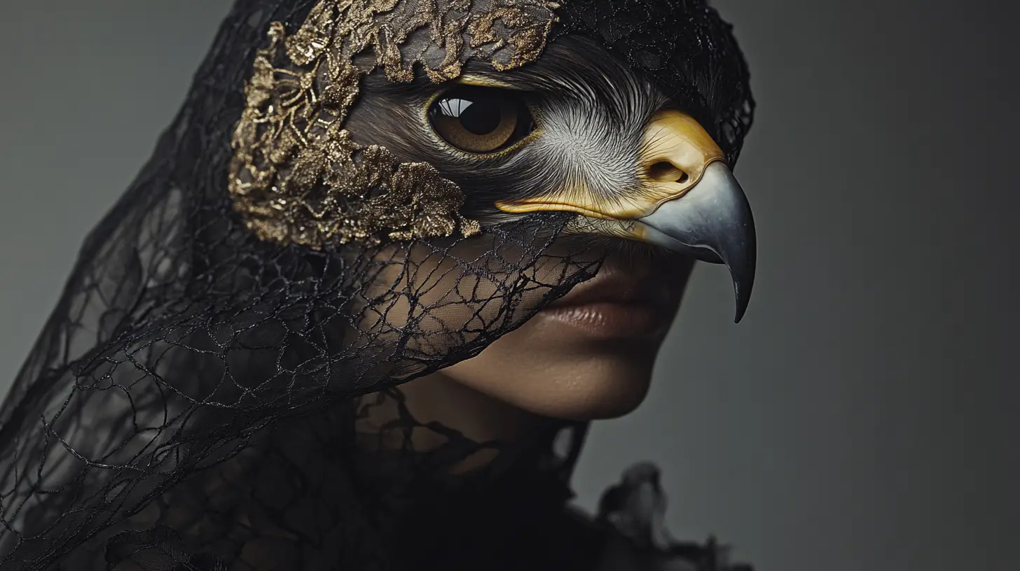 High-Fashion-Figur mit Falke in abstrakten Heiligenscheinen