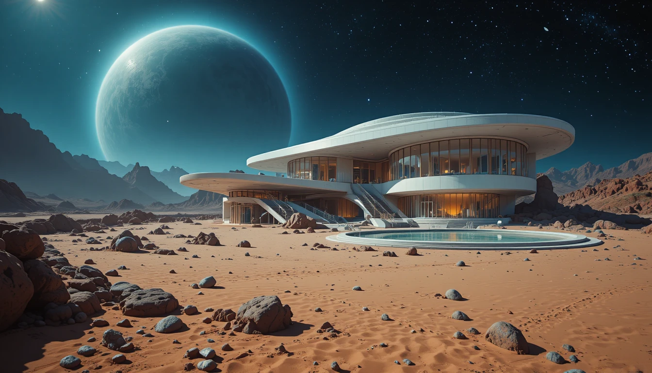 Villa futuriste sur une plage alien sous des cieux lointains