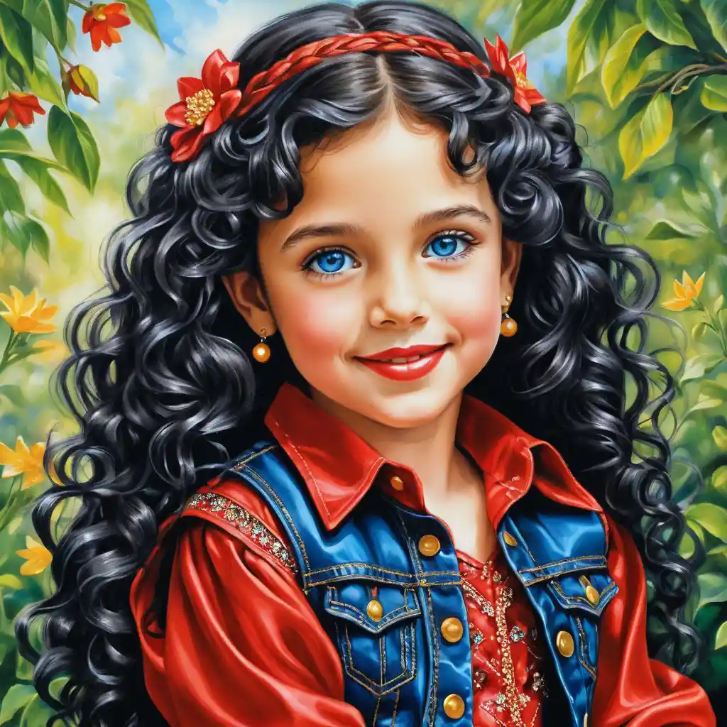 Niña sonriente con el pelo largo y rizado y blusa de satén dorada