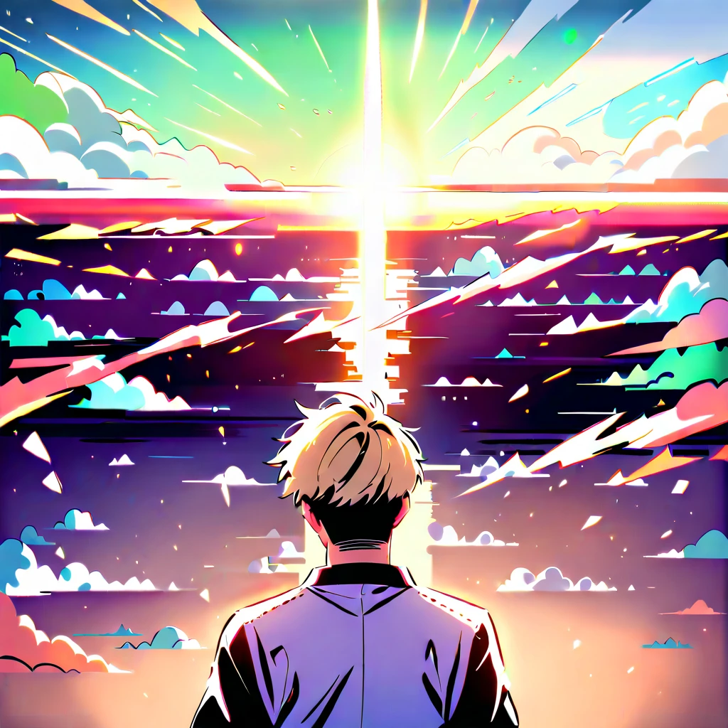 幻想夕陽下身穿綠色和服微笑的動漫男子