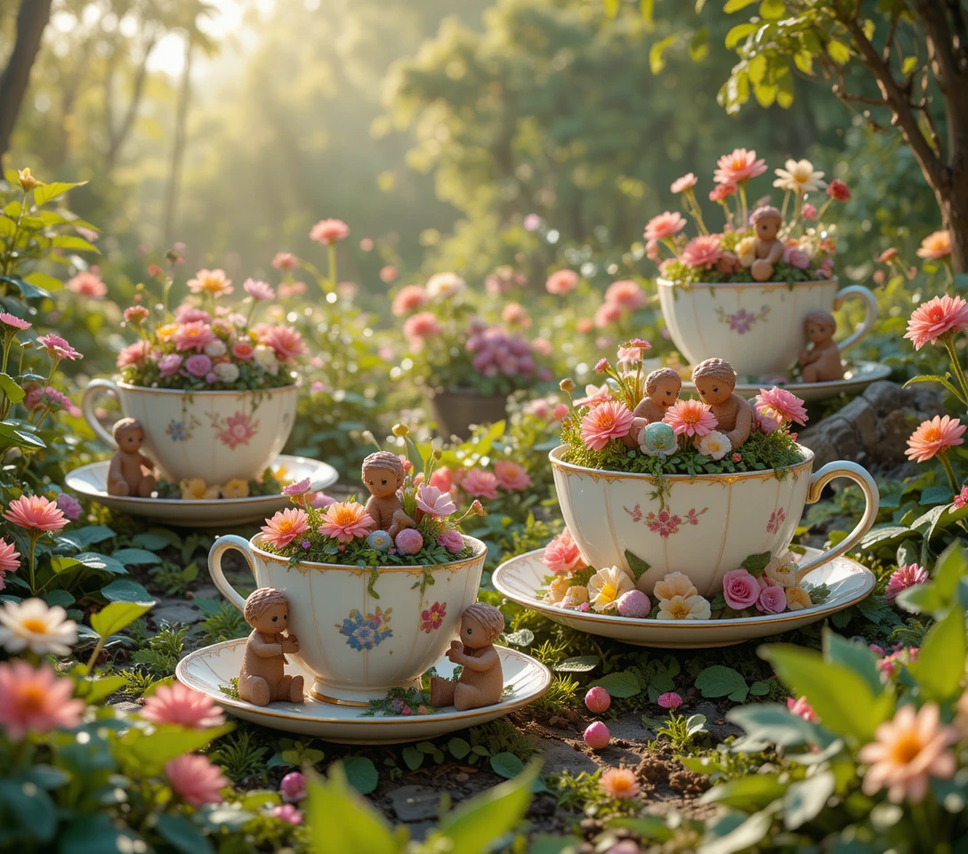 Jardim de sobremesas encantado com xícaras floridas e doces