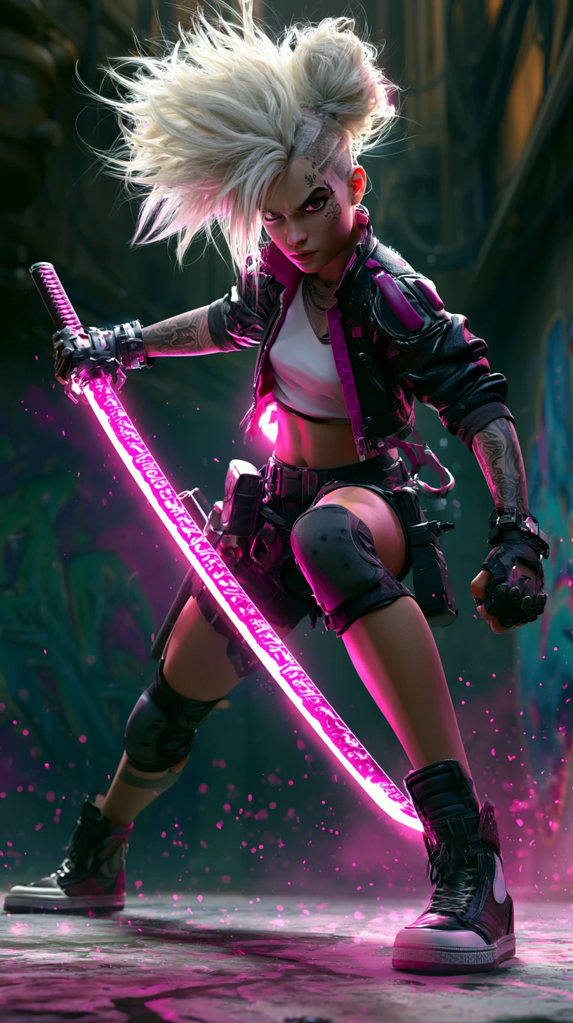 小巷中揮舞發光武士刀的賽博龐克女戰士