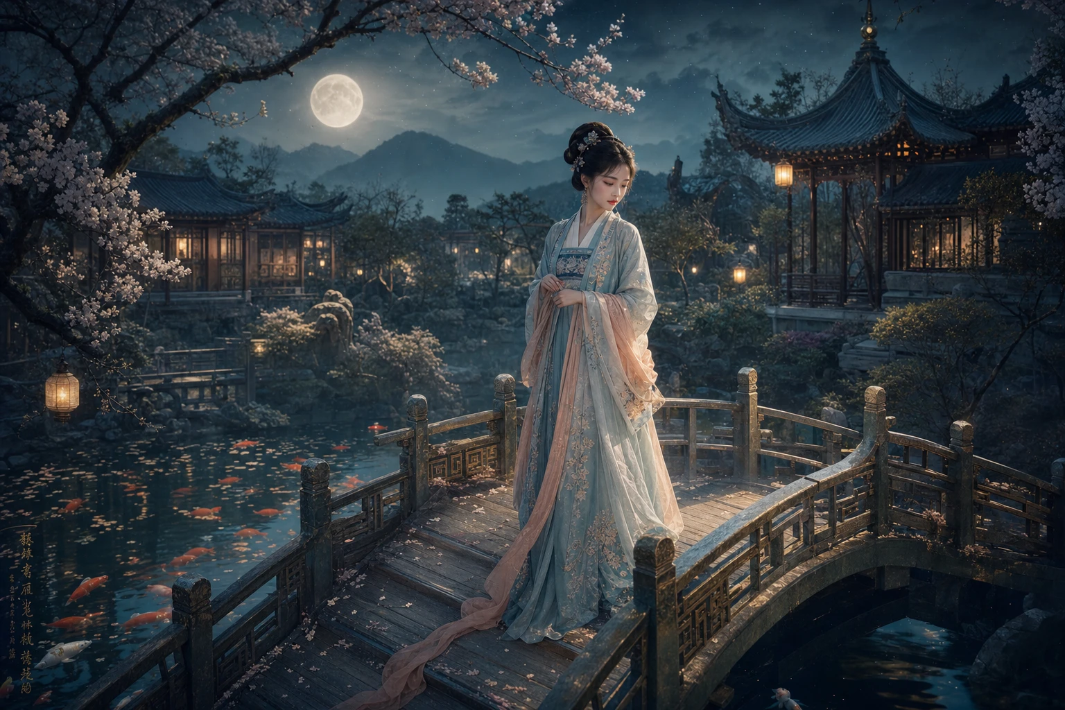 Chinese woman on bridge in moonlit koi pond garden