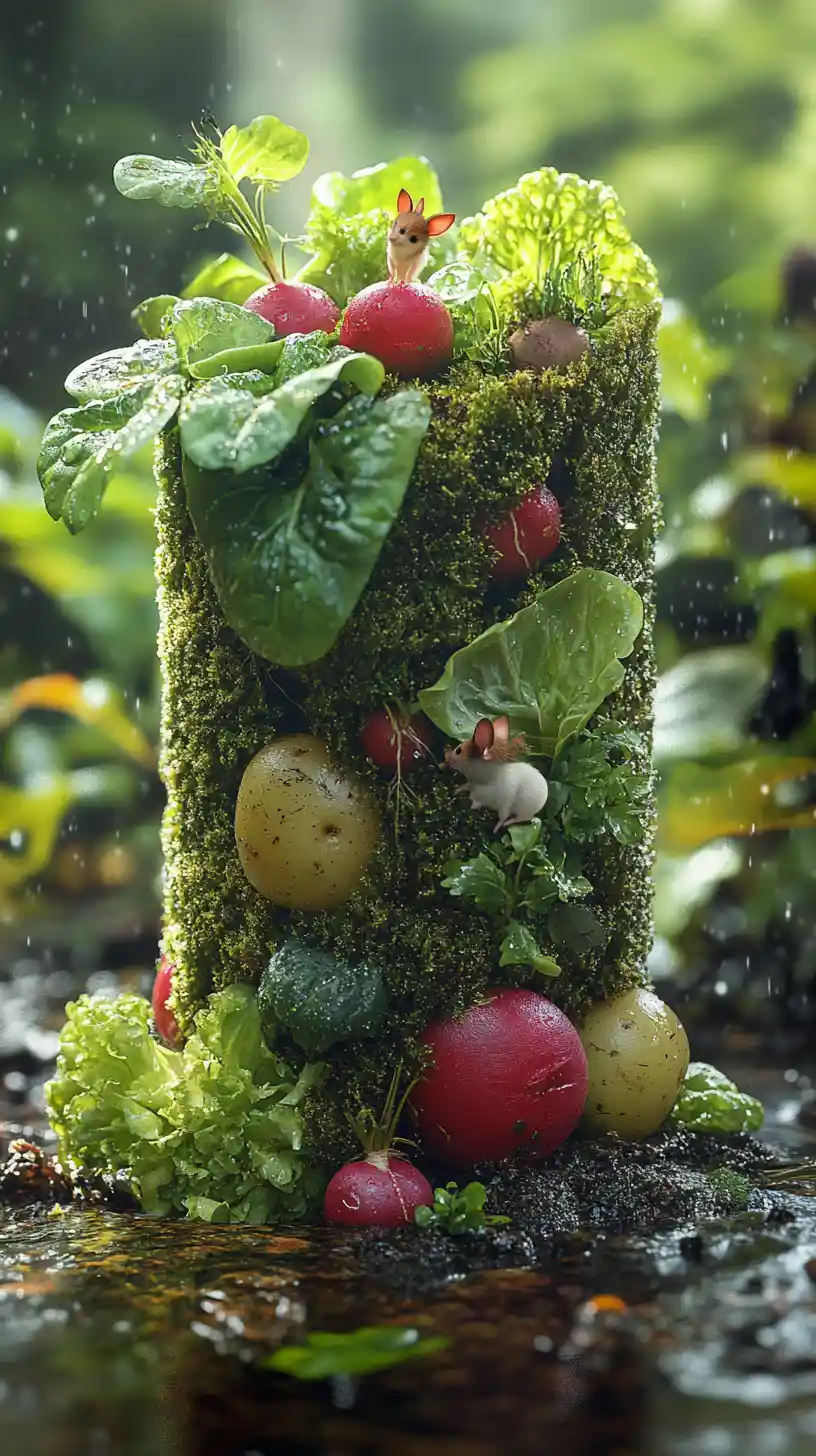 Moss Covered Cylinder Garden In Sunlit Jungle