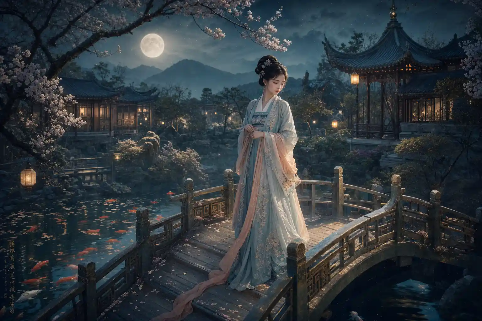 Chinese woman on bridge in moonlit koi pond garden