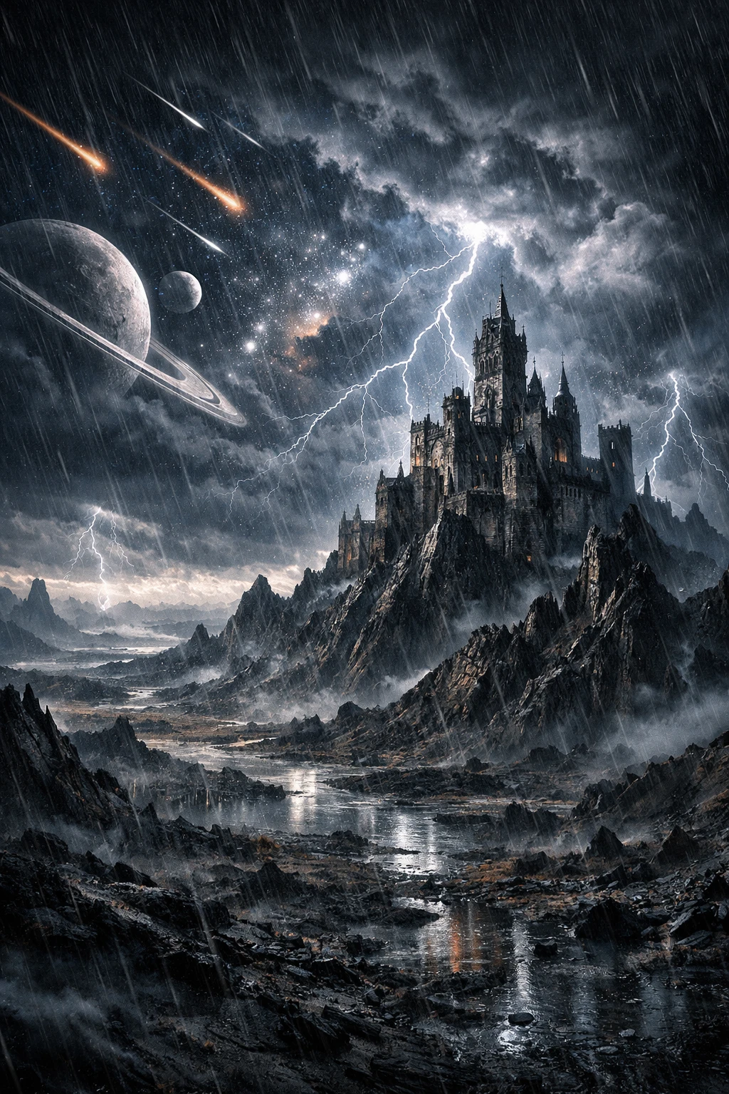 Castelo alienígena sob céus tempestuosos em um mundo desolado