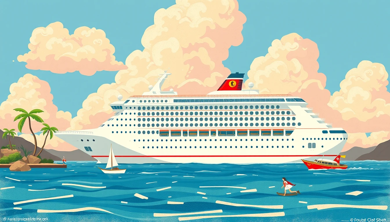 Cena colorida de navio de cruzeiro em neon em estilo gráfico divertido