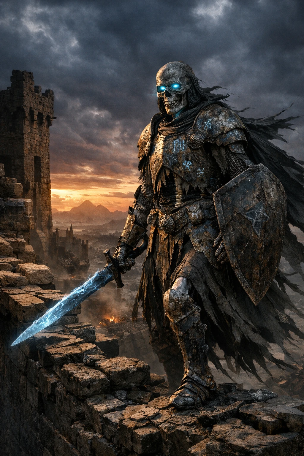 Spectral skeleton warrior on crumbling fortress at twilight