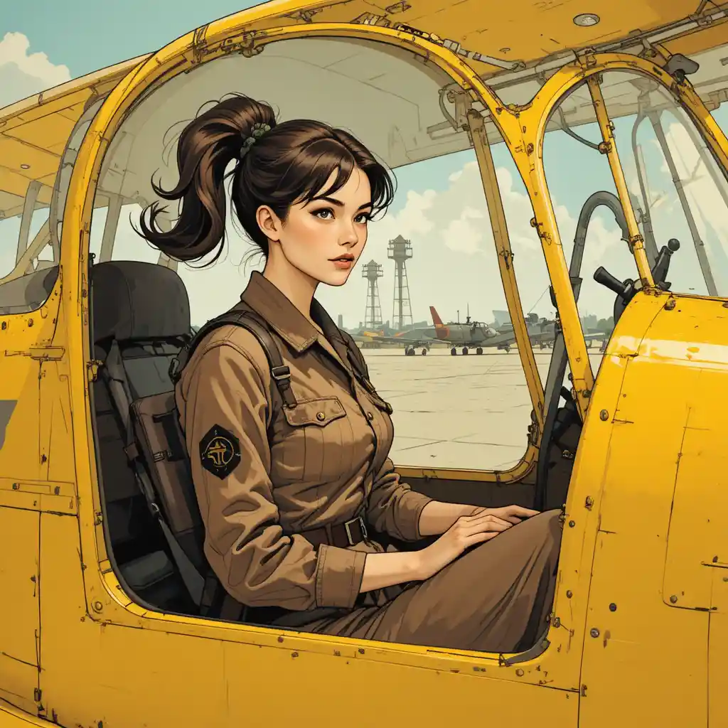 Woman pilot in yellow biplane cockpit at vintage airfield