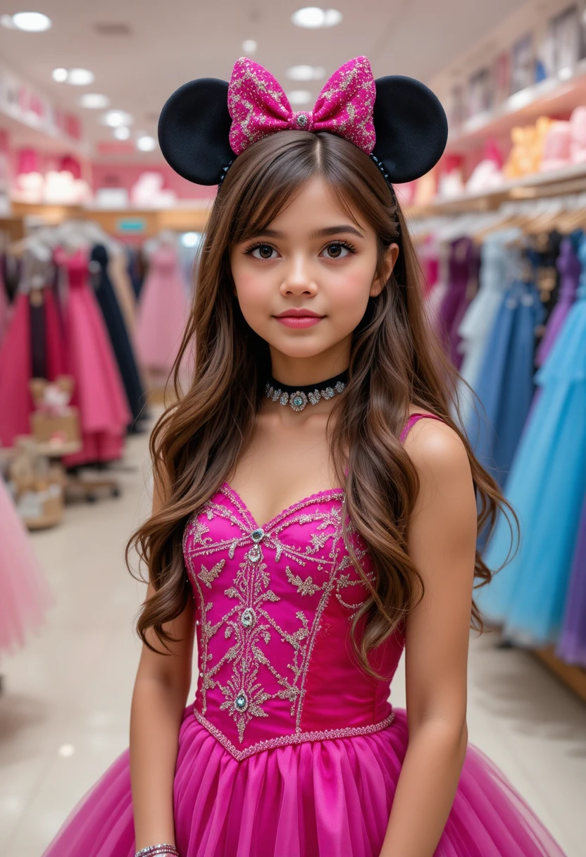 Menina jovem com vestido rosa da Minnie em boutique de vestidos