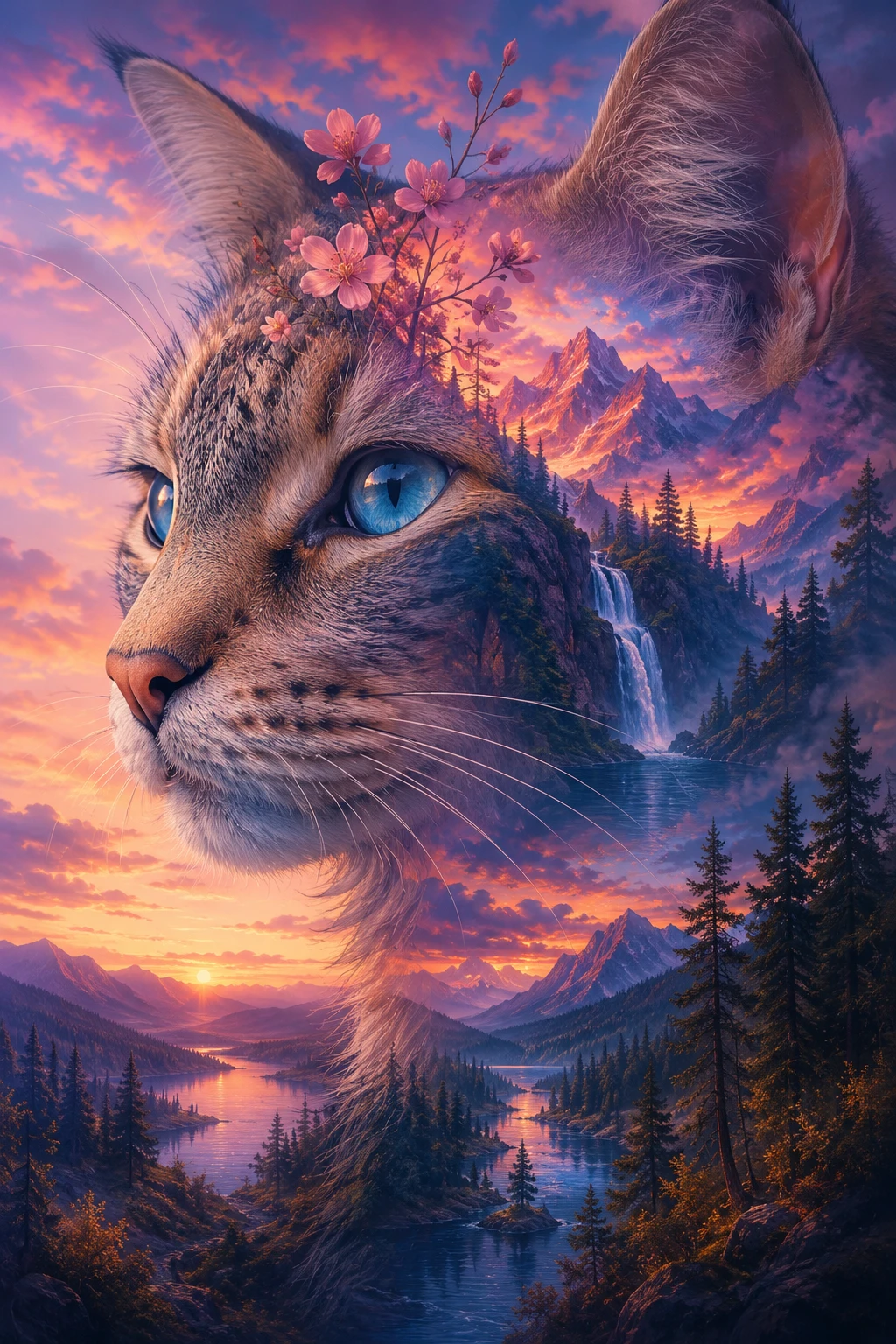 Retrato surreal em close de um gato com paisagem montanhosa