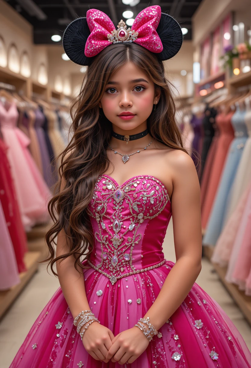 Menina jovem com vestido rosa da Minnie em loja de vestidos