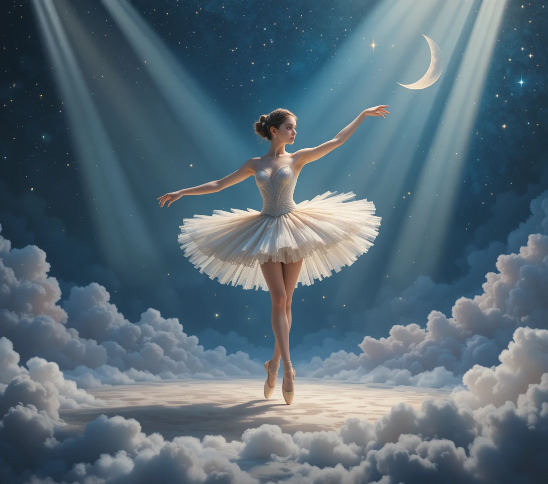 Balletttänzerin im schwanenähnlichen Tutu, die auf Wolken tanzt