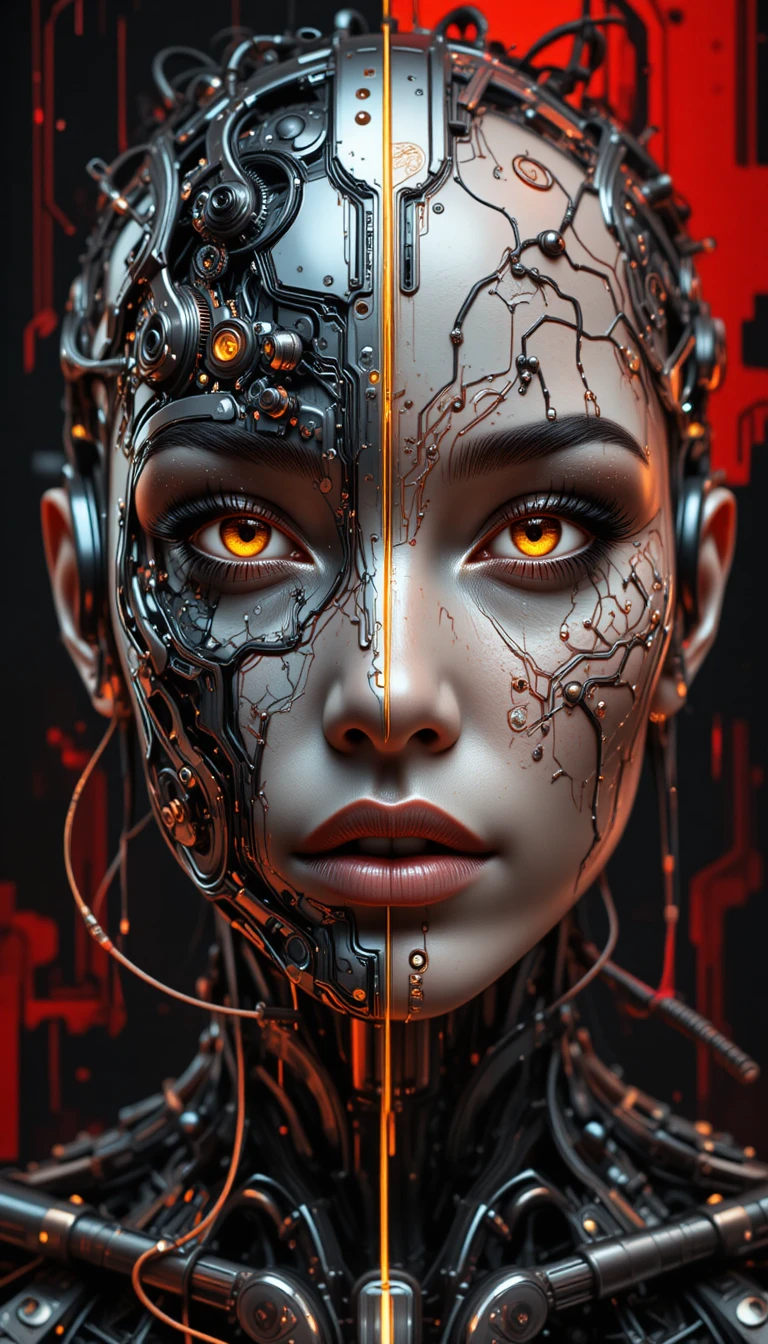 Retrato futurista de ciborgue dividido entre rosto metálico e orgânico
