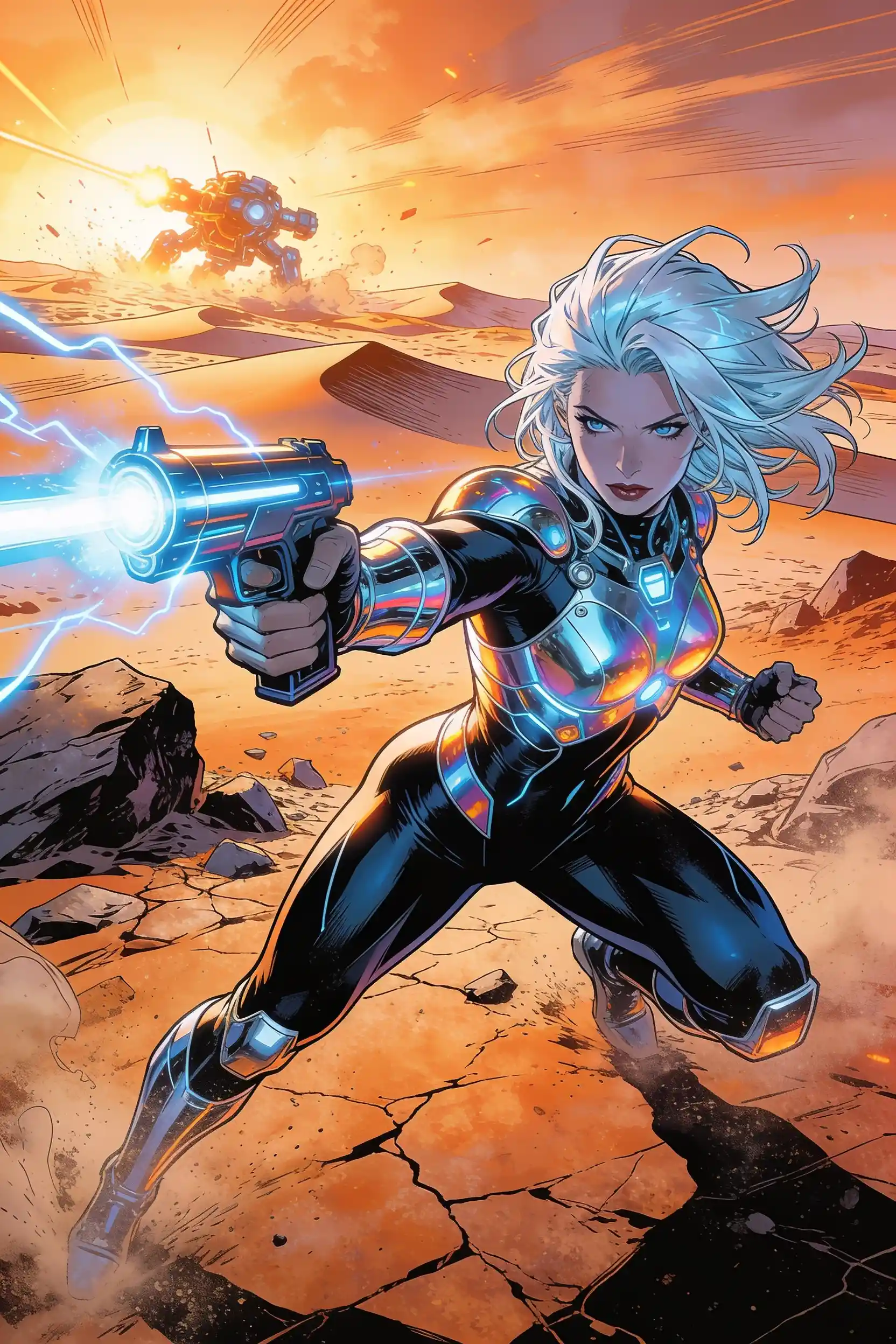Icy haired warrior on a windswept dystopian battlefield