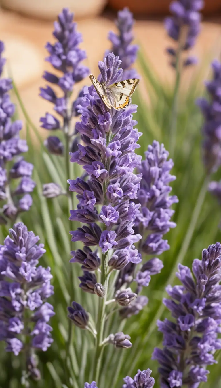 Macro in primo piano della lavanda spagnola alla luce intensa del sole
