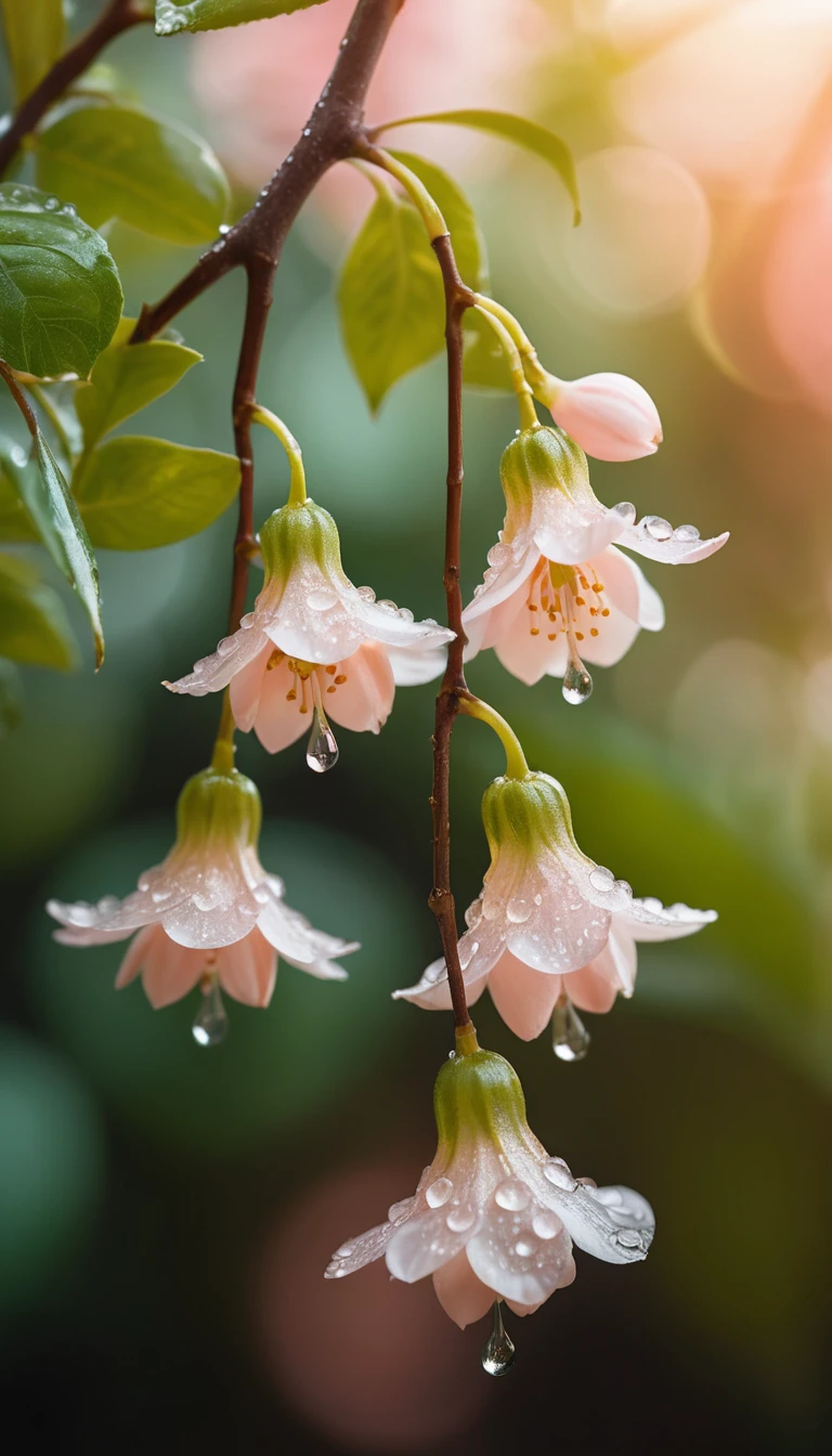 Primo piano macro di fiori a campana ricoperti di rugiada
