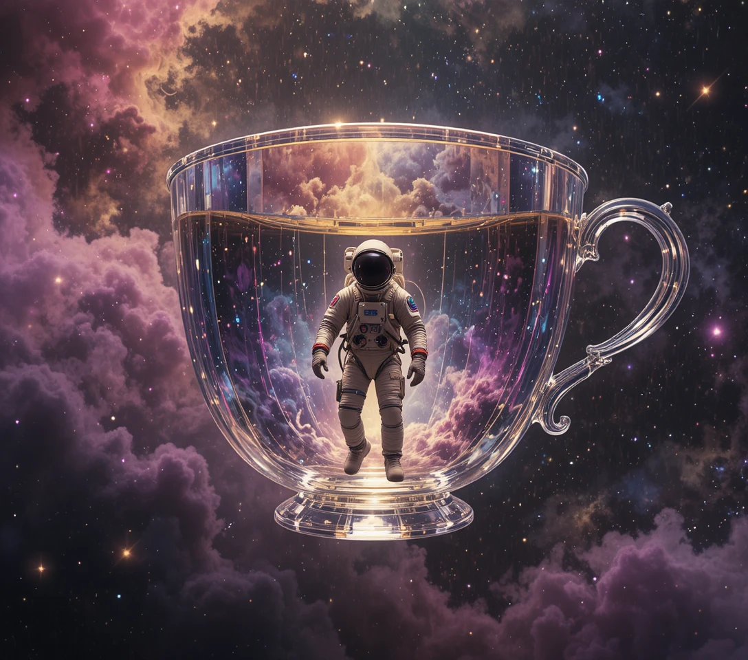 巨大なクリスタルのティーカップ宇宙船のそばを漂う宇宙飛行士